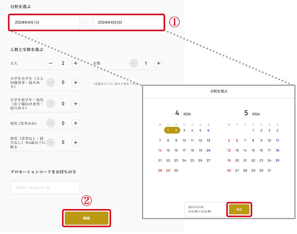 日程・宿泊人数・予約室数の指定
